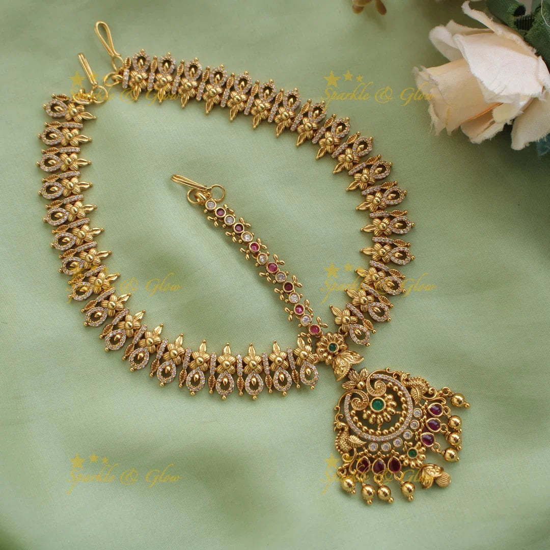 Elegant Peacock Floral Bridal Tikka with Gold beads - Sparkle and Glow
