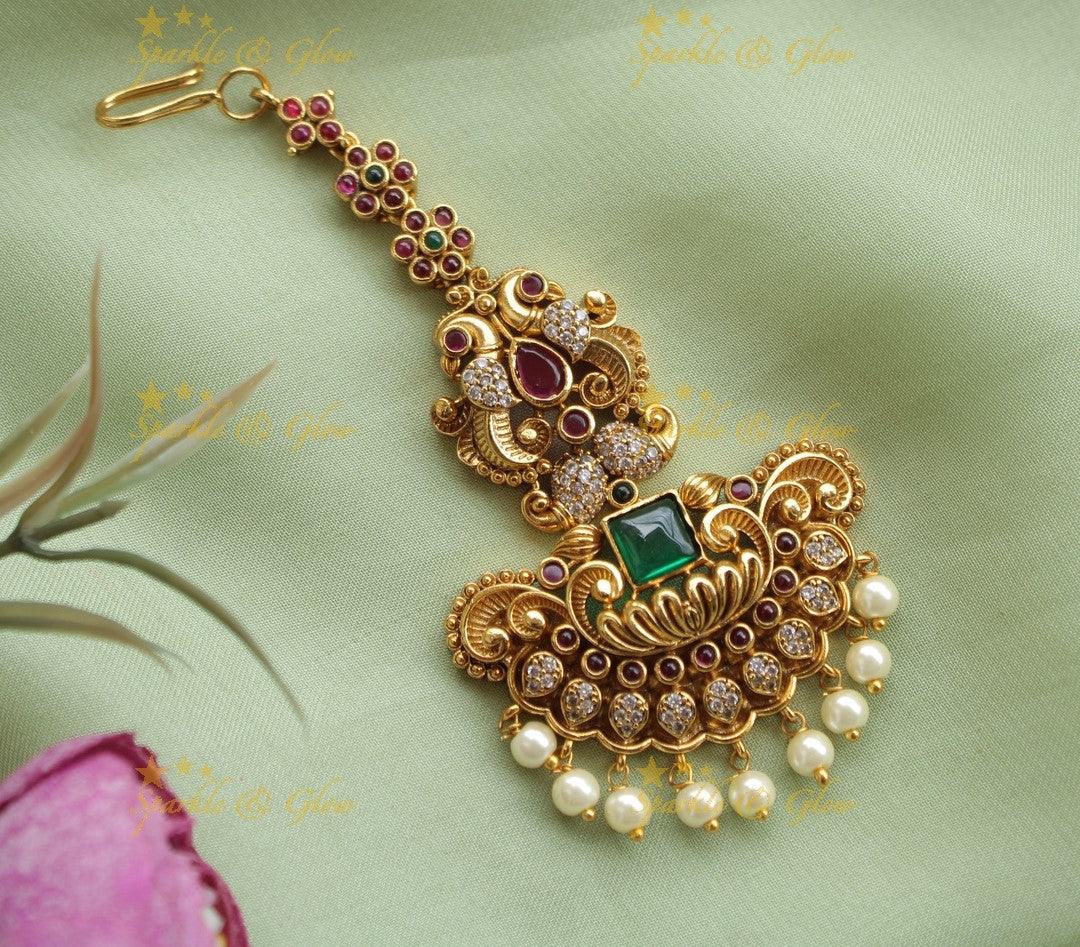 Gracious Kemp Peacock Floral single line Bridal Tikka with Pearl beads - Sparkle and Glow