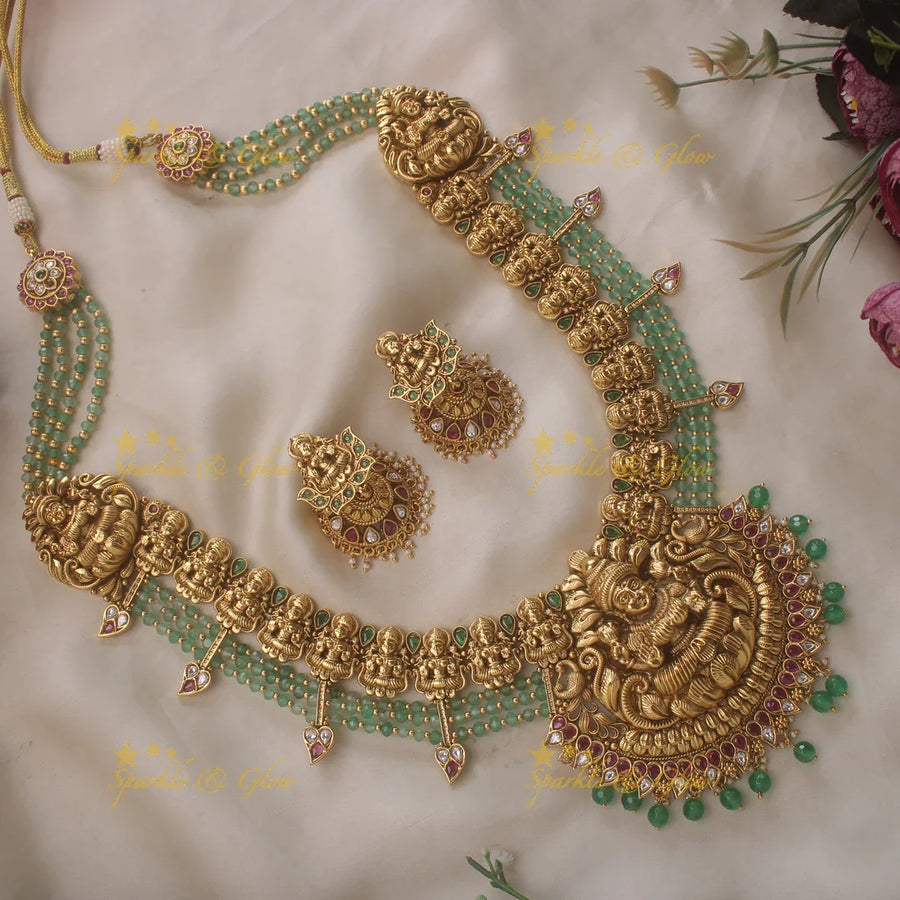 Gold alike mint green beads statement Lakshmi haram - Sparkle and Glow