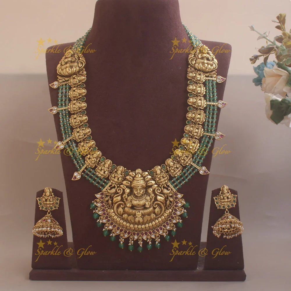 Gold alike mint green beads statement Lakshmi haram - Sparkle and Glow