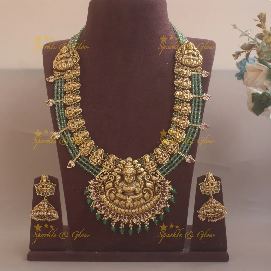 Gold alike mint green beads statement Lakshmi haram - Sparkle and Glow