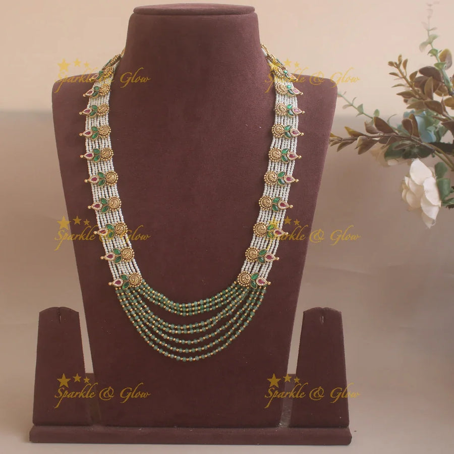 Gold alike statement layered mint and pearl beads rani haram - Sparkle and Glow