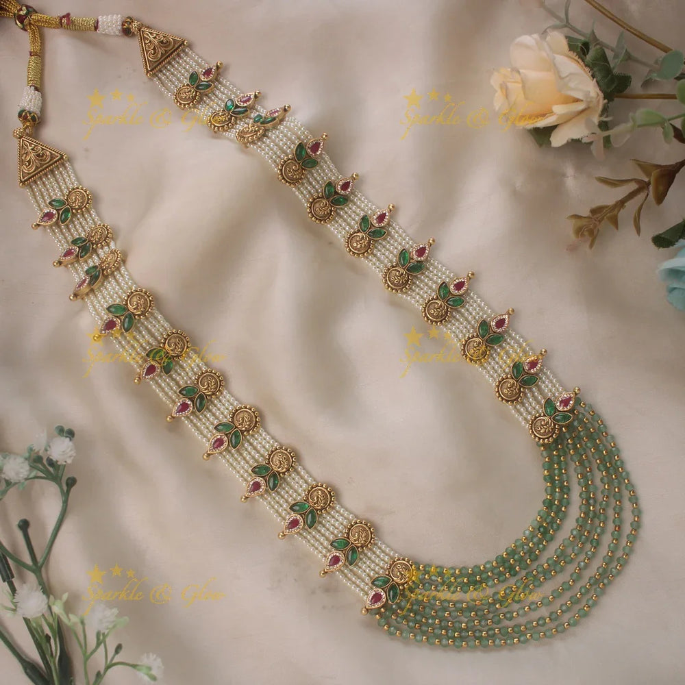 Gold alike statement layered mint and pearl beads rani haram - Sparkle and Glow