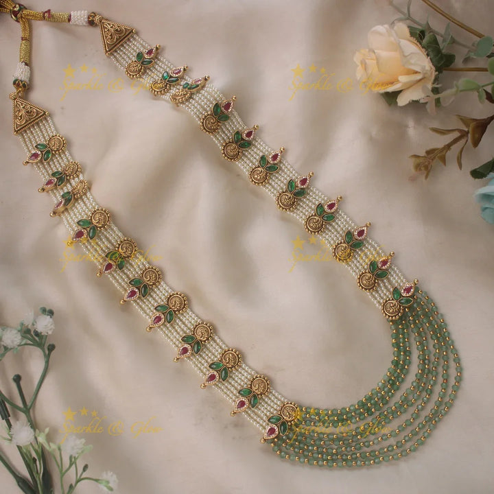 Gold alike statement layered mint and pearl beads rani haram - Sparkle and Glow