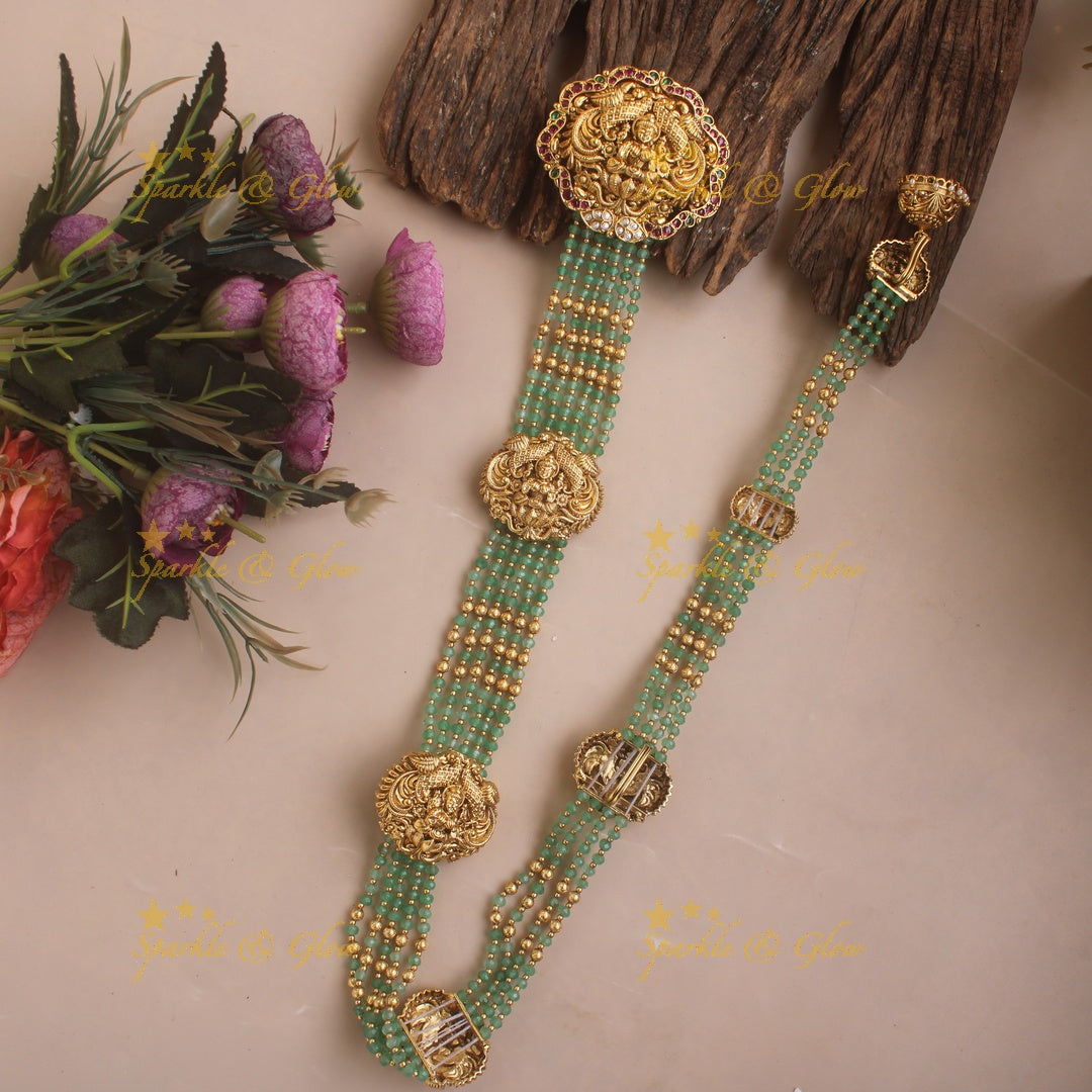 Idol Lakshmi Dual Tone peacock carved layered beaded Bridal Jada billa- Mint green