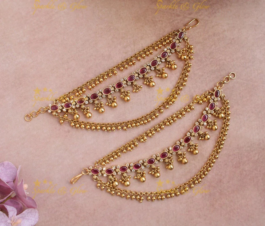 Gorgeous Gold alike pink colour kemp stone earchain with gold beads - Sparkle and Glow