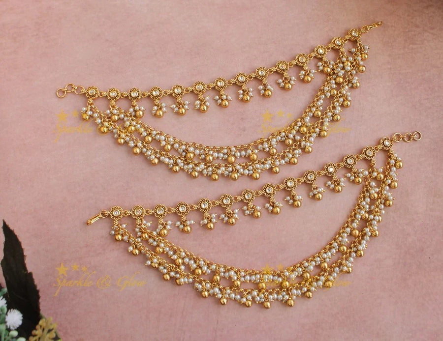 Elegant Floral Pearl and Gold Beads Earchain- White - Sparkle and Glow