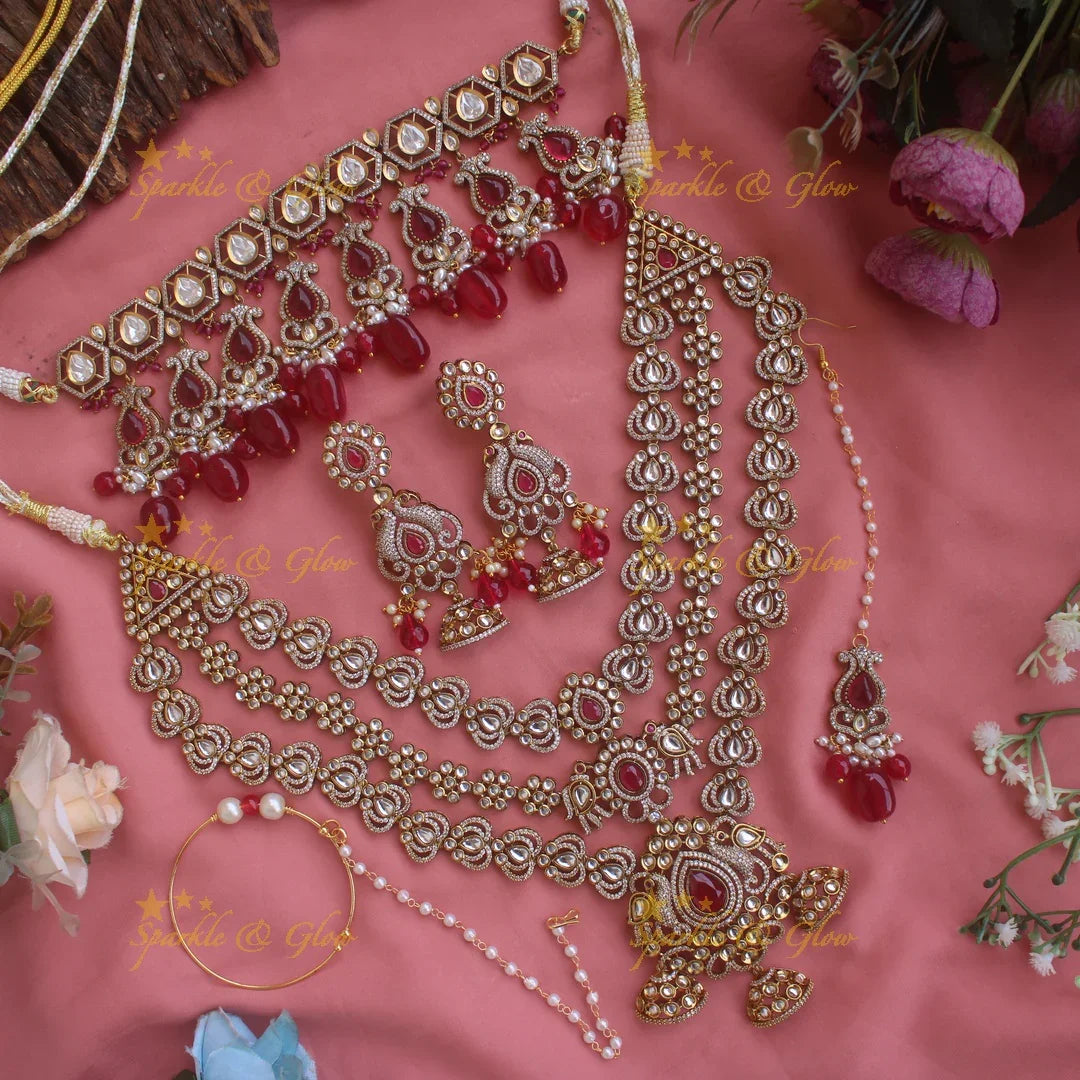 Gorgeous Peacock and Floral Victorian AD Bridal Set with Nose pin and Maang tikka - Sparkle and Glow