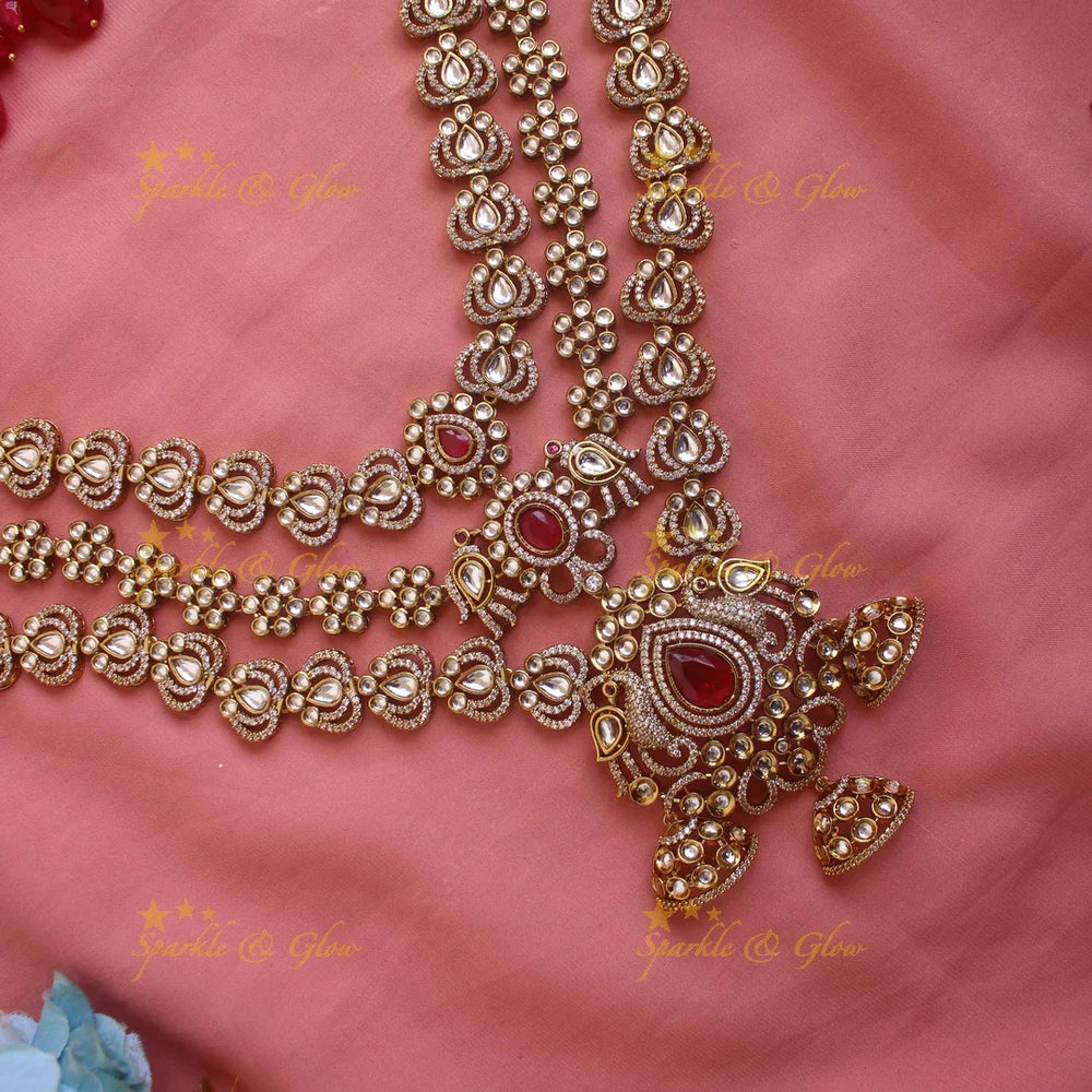 Gorgeous Peacock and Floral Victorian AD Bridal Set with Nose pin and Maang tikka - Sparkle and Glow