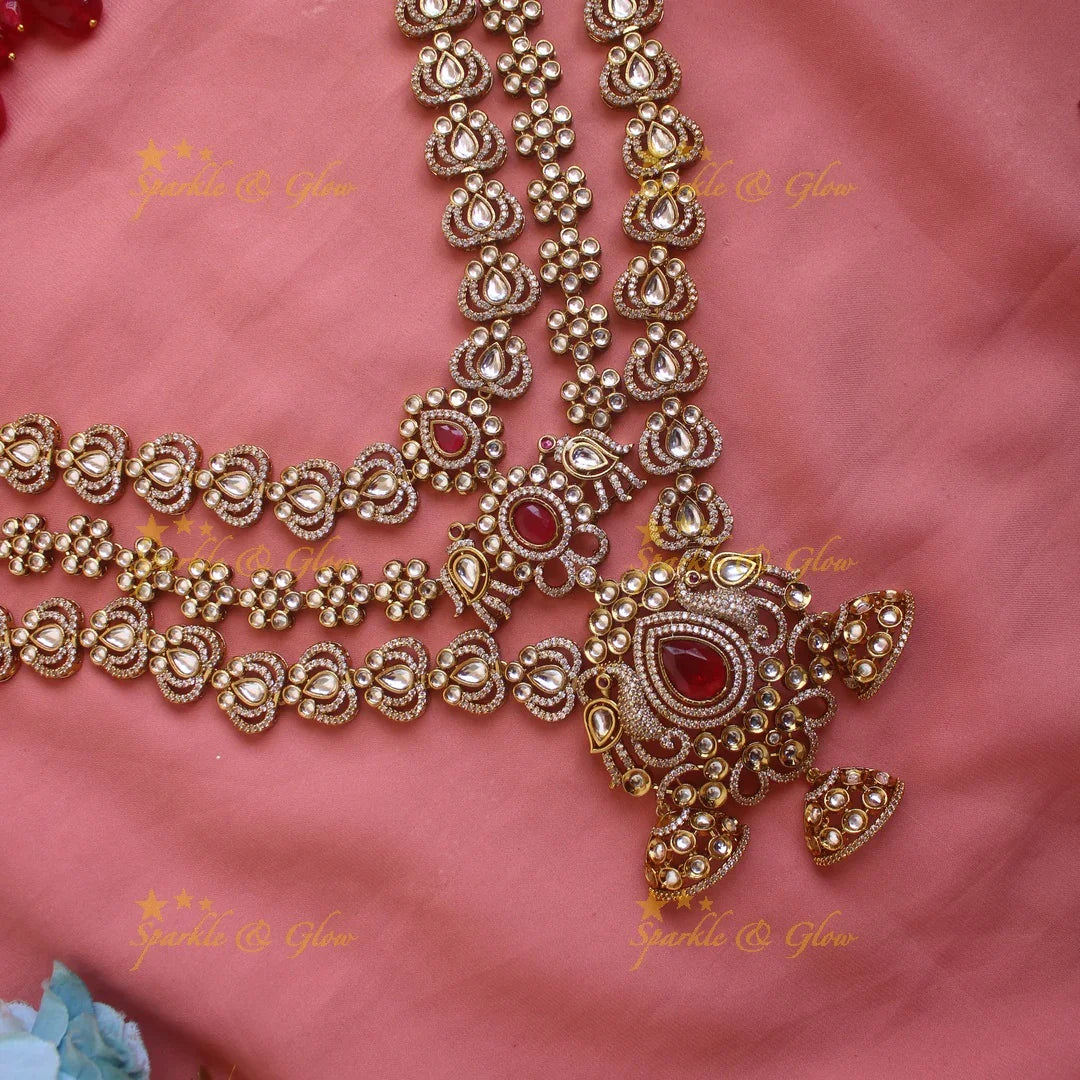 Gorgeous Peacock and Floral Victorian AD Bridal Set with Nose pin and Maang tikka - Sparkle and Glow