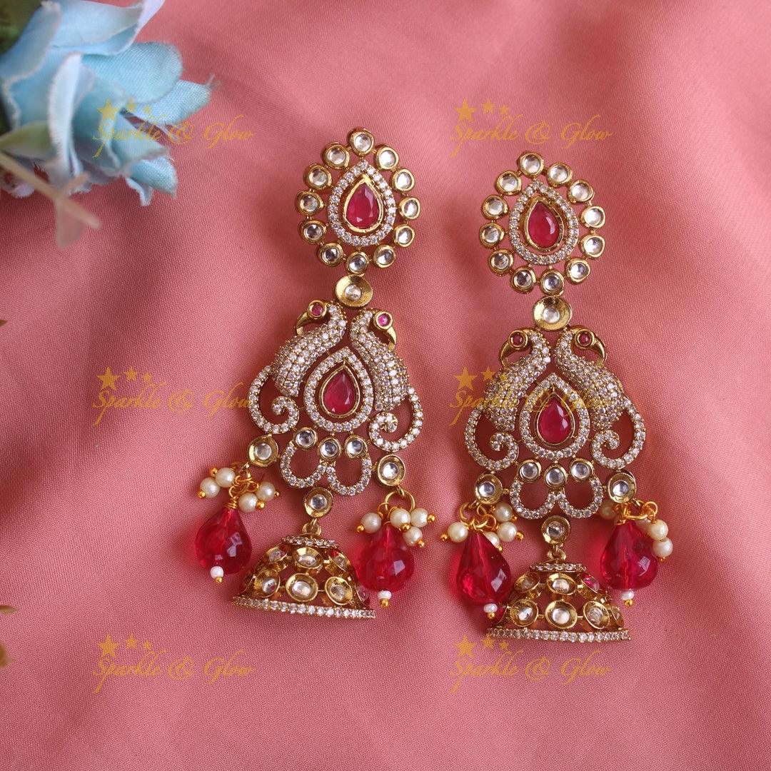 Gorgeous Peacock and Floral Victorian AD Bridal Set with Nose pin and Maang tikka - Sparkle and Glow