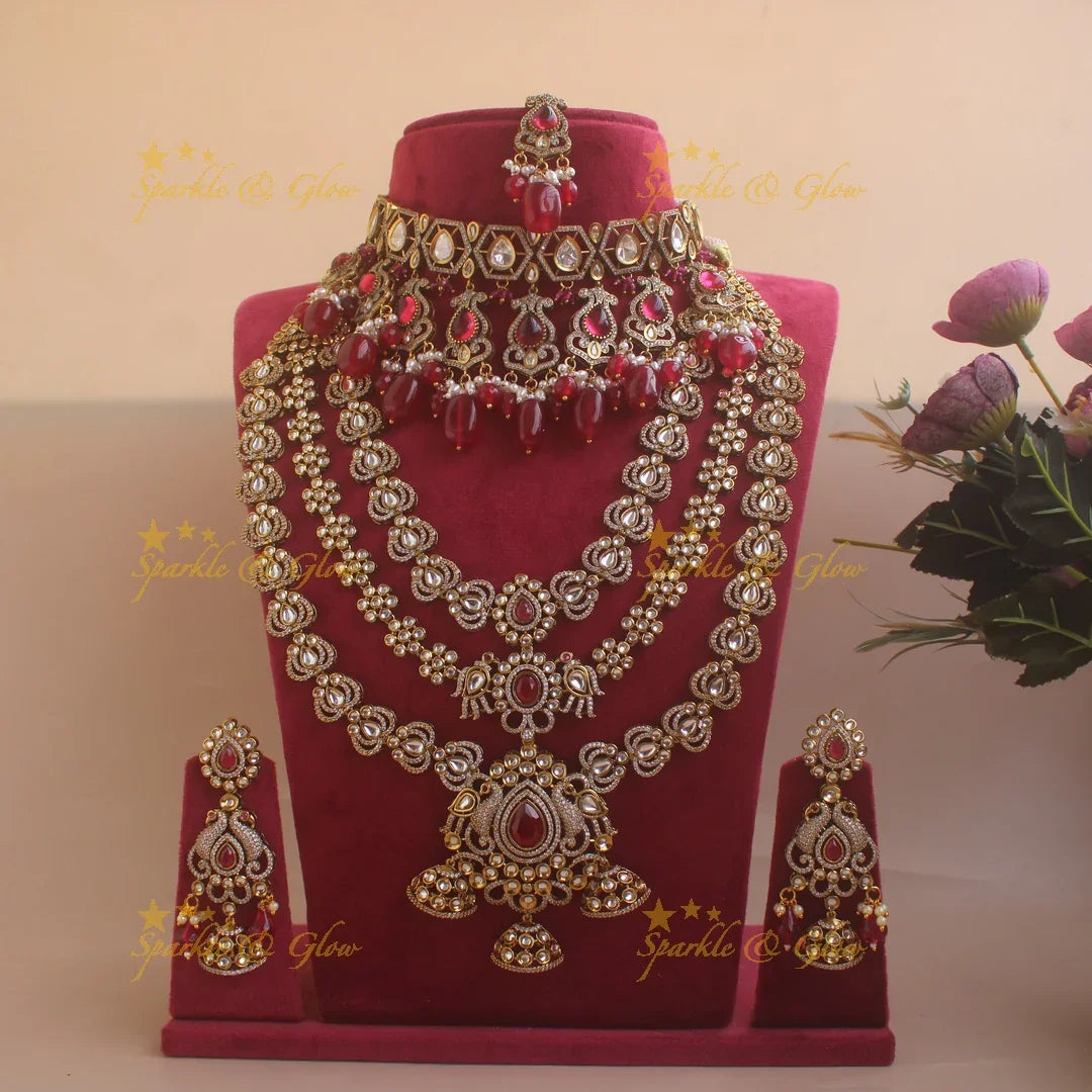 Gorgeous Peacock and Floral Victorian AD Bridal Set with Nose pin and Maang tikka - Sparkle and Glow