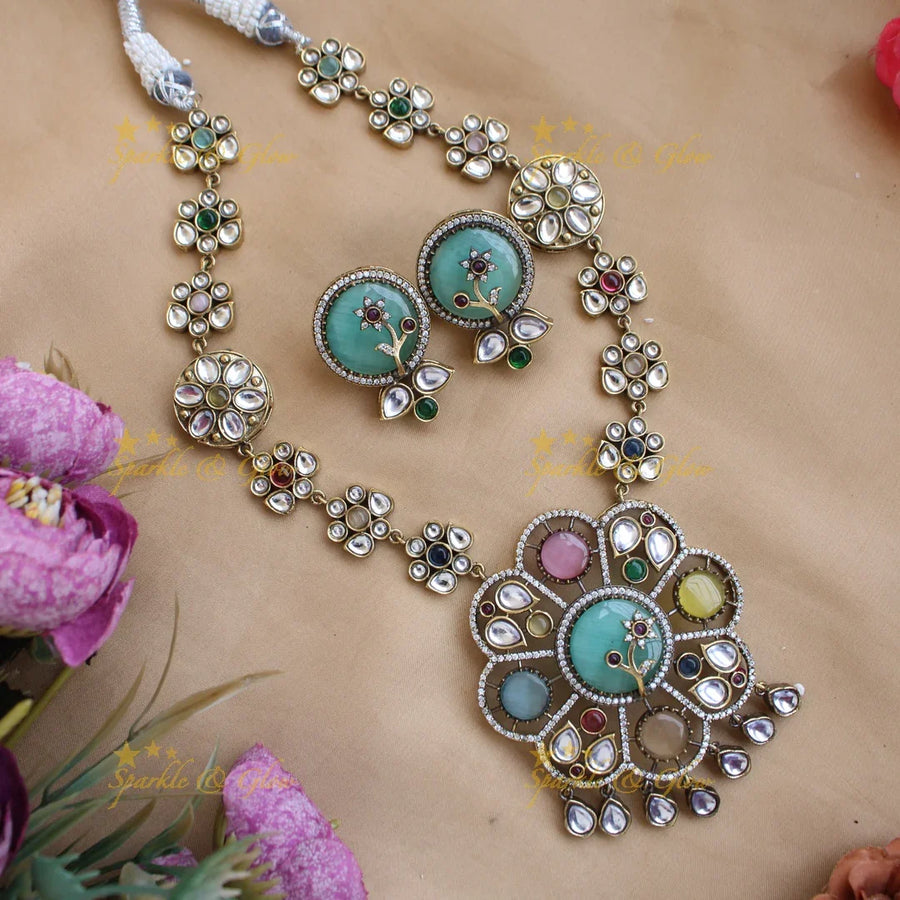 Beautiful Floral design Navaratna Victorian AD short necklace - Sparkle and Glow