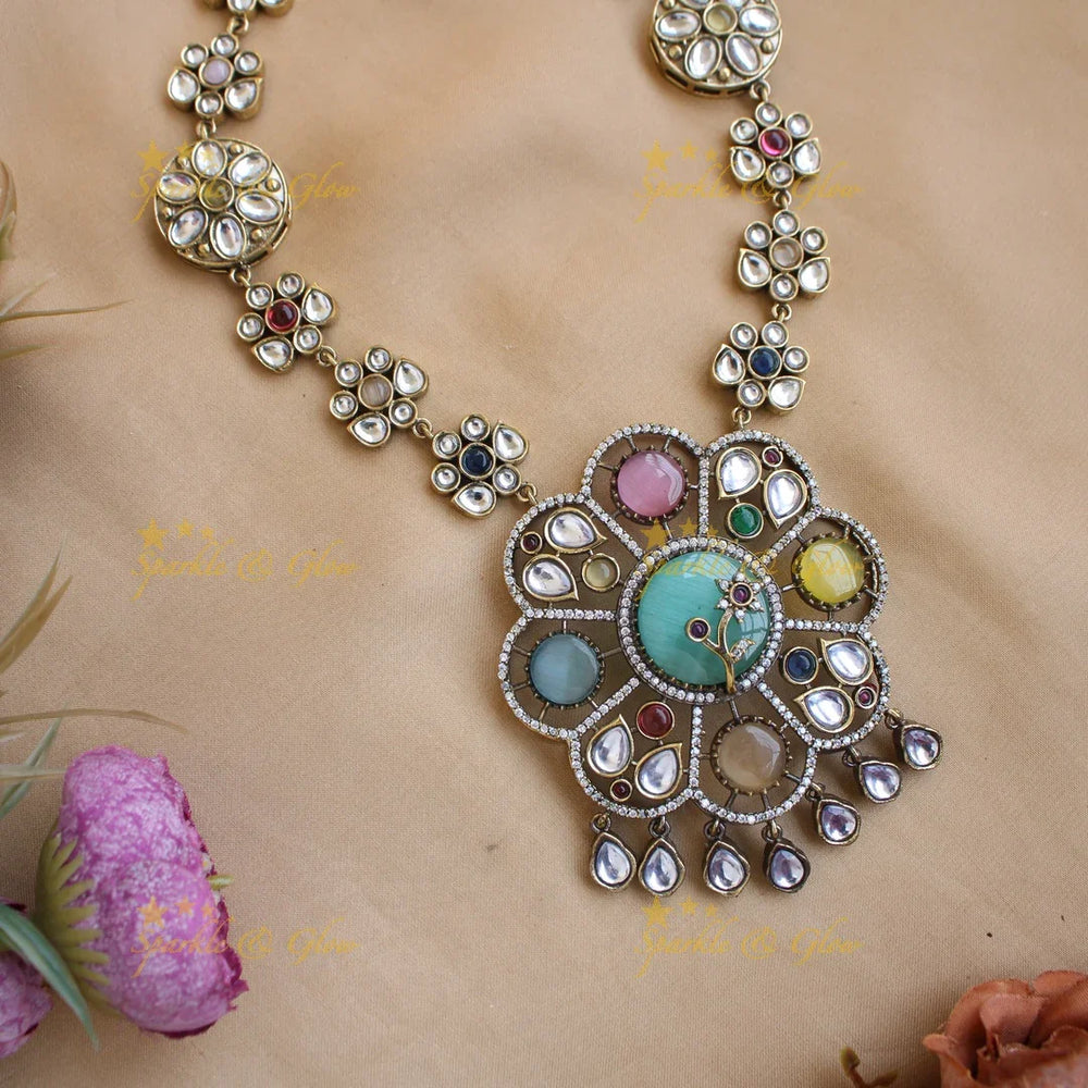 Beautiful Floral design Navaratna Victorian AD short necklace - Sparkle and Glow