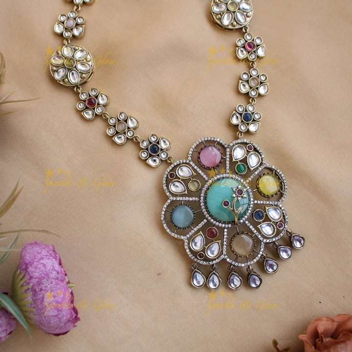 Beautiful Floral design Navaratna Victorian AD short necklace - Sparkle and Glow