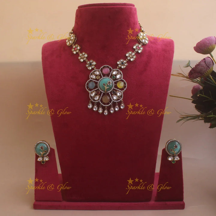 Beautiful Floral design Navaratna Victorian AD short necklace - Sparkle and Glow