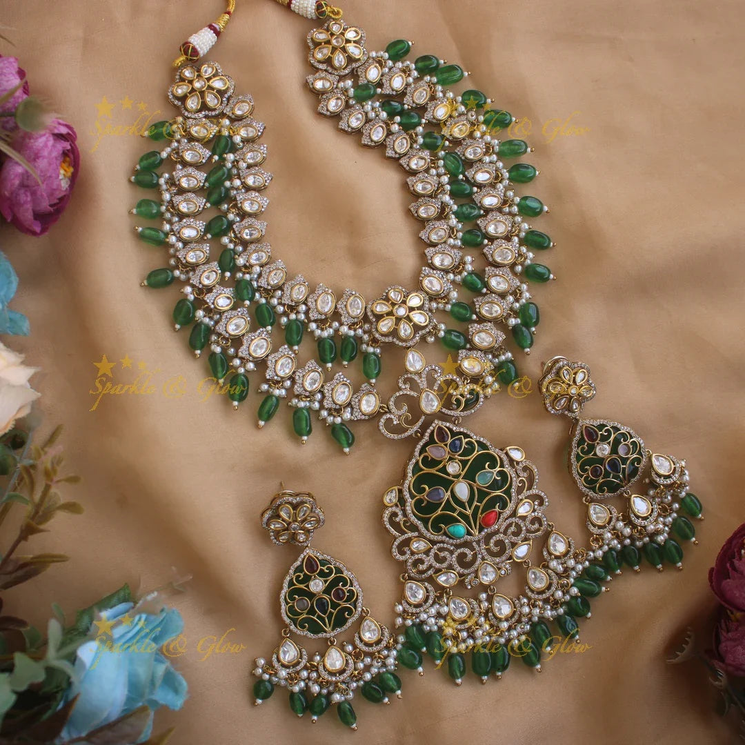 Beautiful Floral and leaf design two layer Victorian AD haram with green beads - Sparkle and Glow