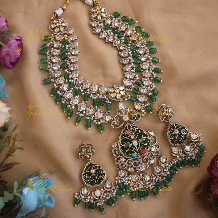 Beautiful Floral and leaf design two layer Victorian AD haram with green beads - Sparkle and Glow
