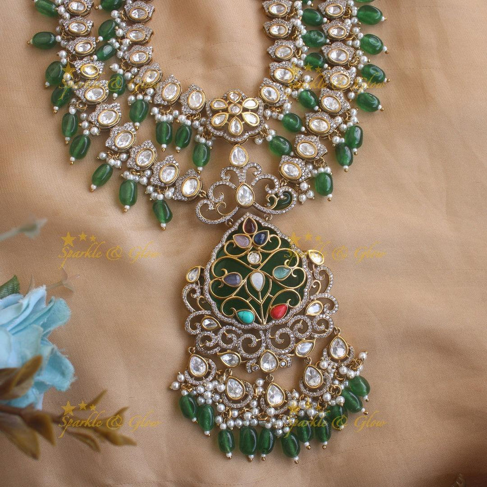Beautiful Floral and leaf design two layer Victorian AD haram with green beads - Sparkle and Glow