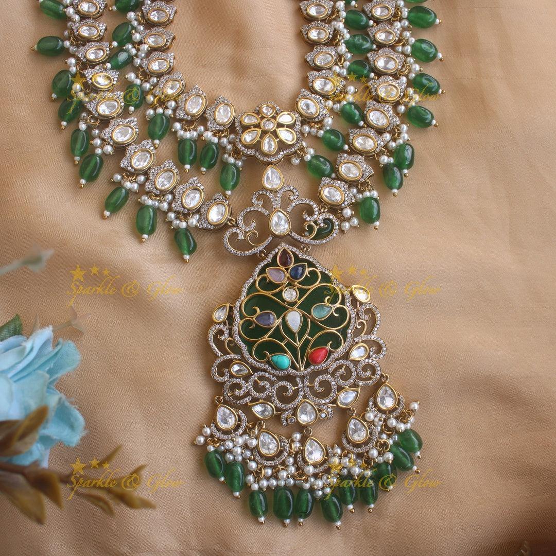 Beautiful Floral and leaf design two layer Victorian AD haram with green beads - Sparkle and Glow