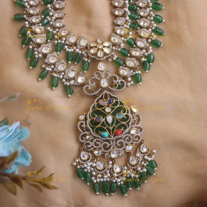 Beautiful Floral and leaf design two layer Victorian AD haram with green beads - Sparkle and Glow