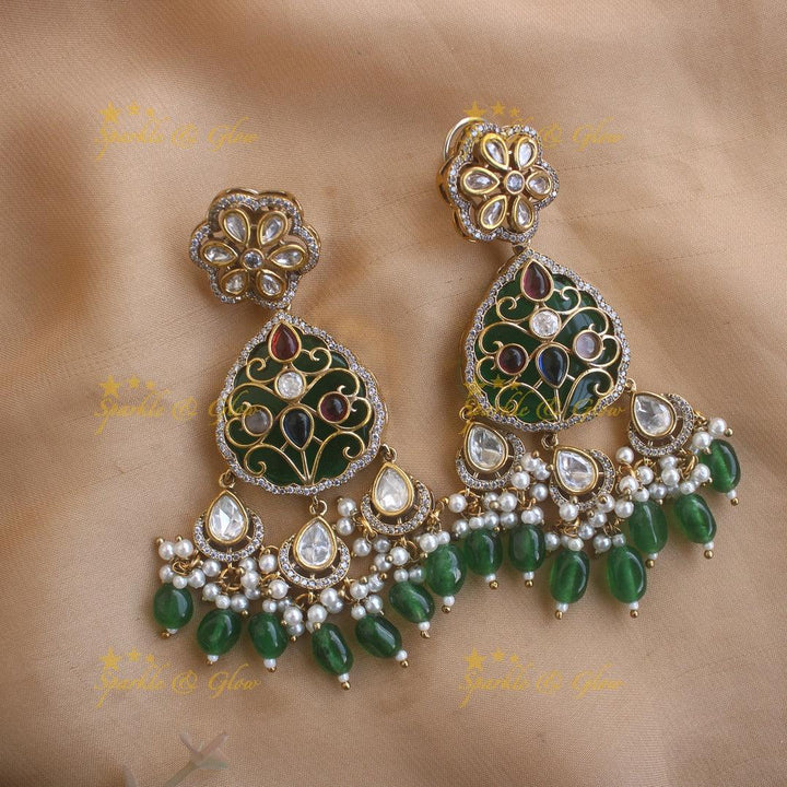 Beautiful Floral and leaf design two layer Victorian AD haram with green beads - Sparkle and Glow