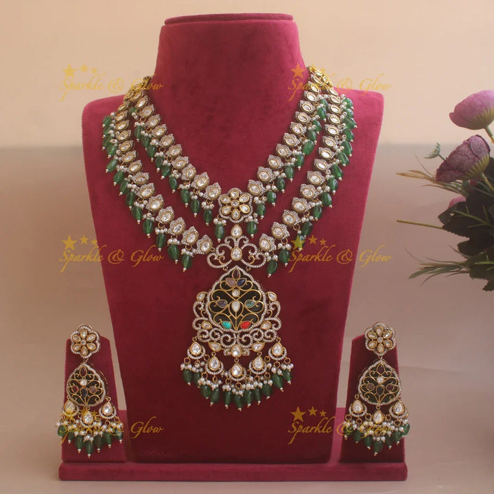 Beautiful Floral and leaf design two layer Victorian AD haram with green beads - Sparkle and Glow