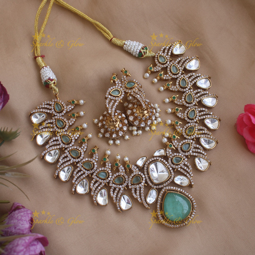 Elegant Peacock design Victorian AD short necklace with mint green stones