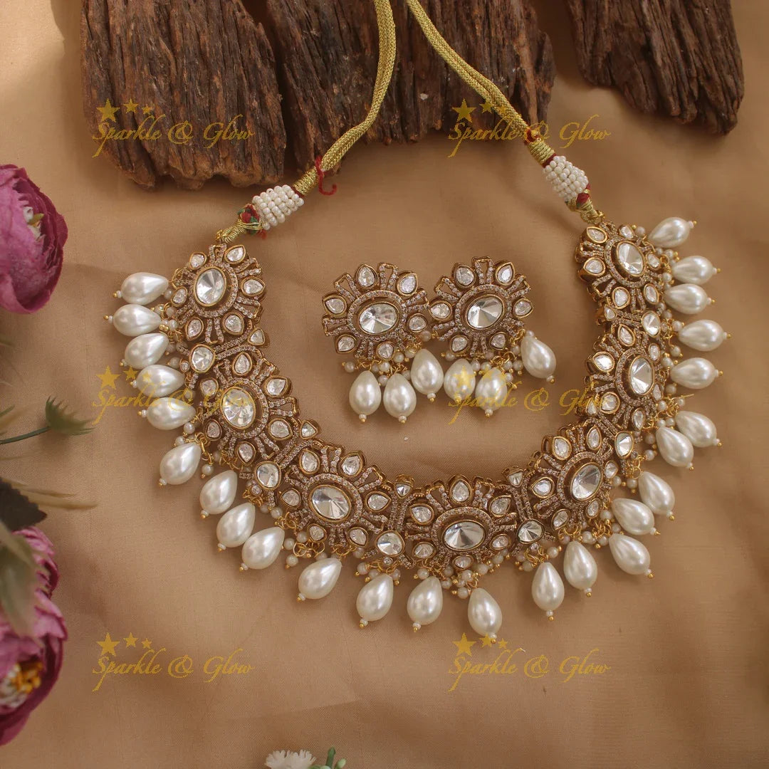 Stunning Floral design Victorian AD short necklace with pearl drops - Sparkle and Glow