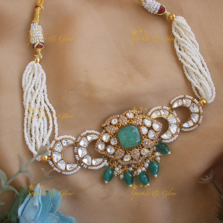 Stunning Floral half moon design victorian AD choker with green beads - Sparkle and Glow