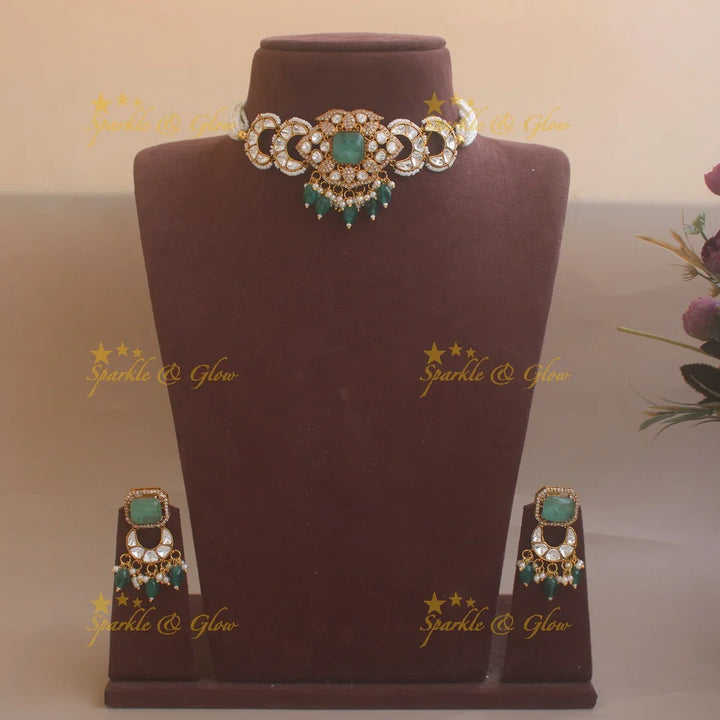 Stunning Floral half moon design victorian AD choker with green beads - Sparkle and Glow