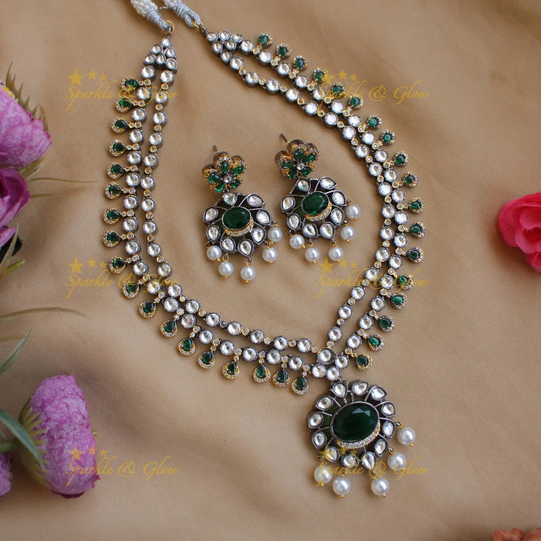 Gorgeous Floral design two layer Victorian AD haram with emerald and pearls - Sparkle and Glow
