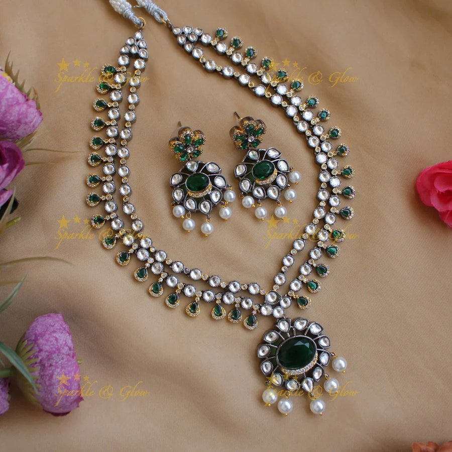 Gorgeous Floral design two layer Victorian AD haram with emerald and pearls - Sparkle and Glow