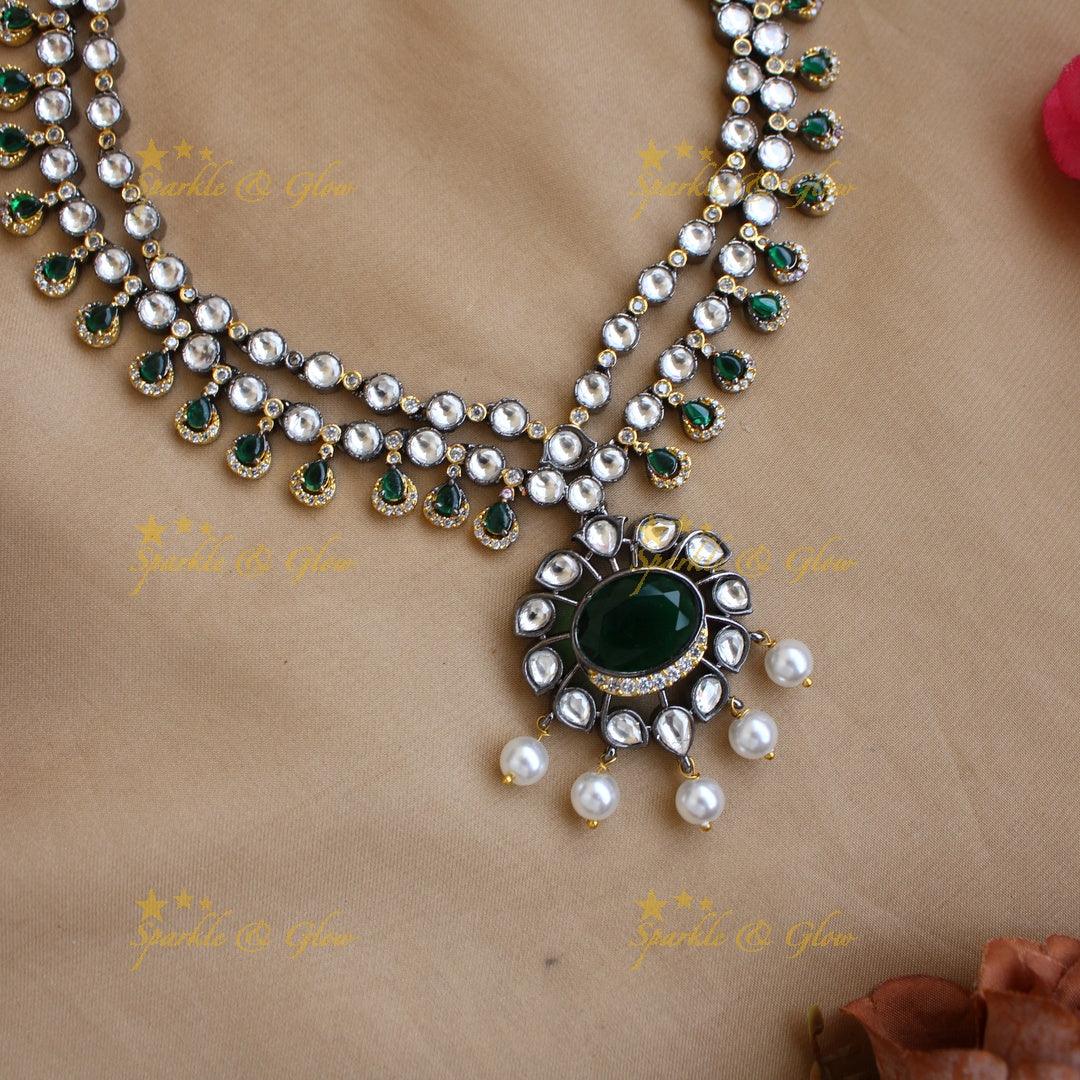 Gorgeous Floral design two layer Victorian AD haram with emerald and pearls - Sparkle and Glow