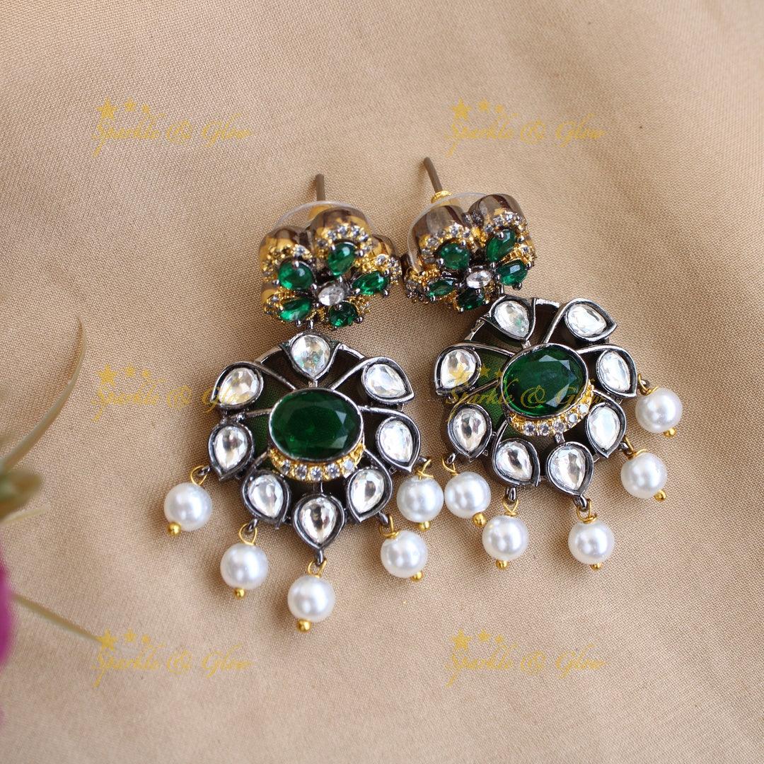 Gorgeous Floral design two layer Victorian AD haram with emerald and pearls - Sparkle and Glow