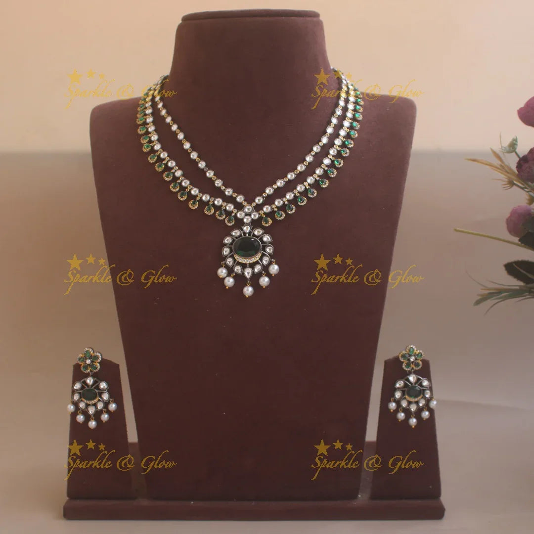 Gorgeous Floral design two layer Victorian AD haram with emerald and pearls - Sparkle and Glow