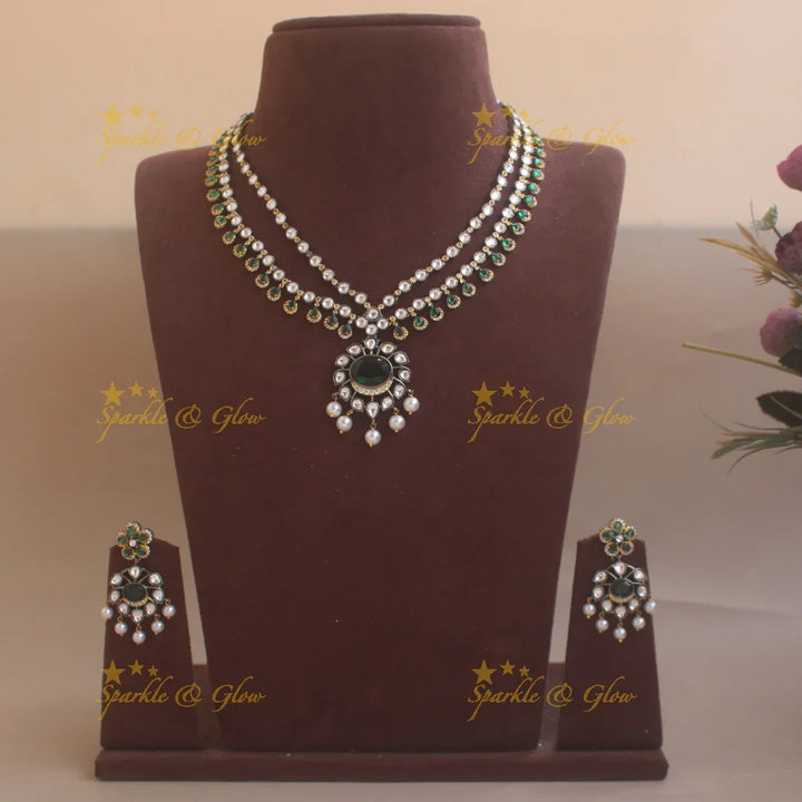 Gorgeous Floral design two layer Victorian AD haram with emerald and pearls - Sparkle and Glow