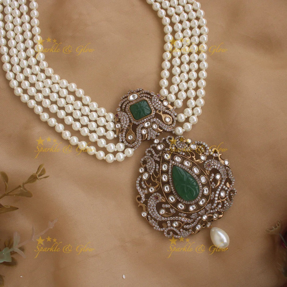Grand peacock pendant Victorian AD multi layer pearl haram with emerald - Sparkle and Glow