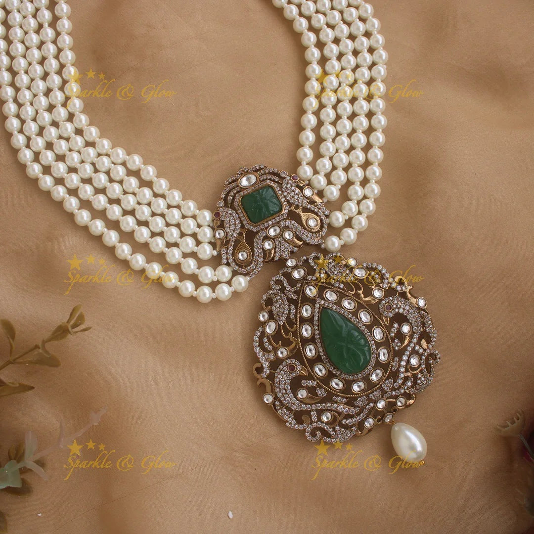 Grand peacock pendant Victorian AD multi layer pearl haram with emerald - Sparkle and Glow