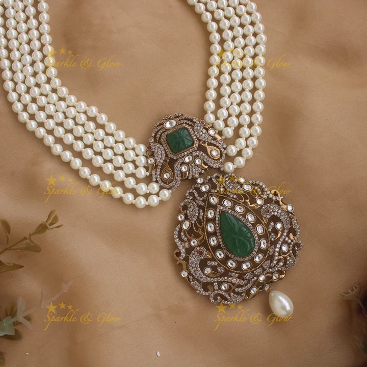 Grand peacock pendant Victorian AD multi layer pearl haram with emerald - Sparkle and Glow