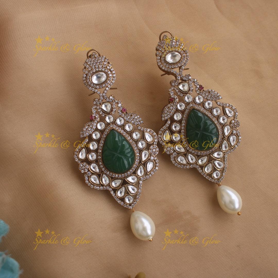 Grand peacock pendant Victorian AD multi layer pearl haram with emerald - Sparkle and Glow