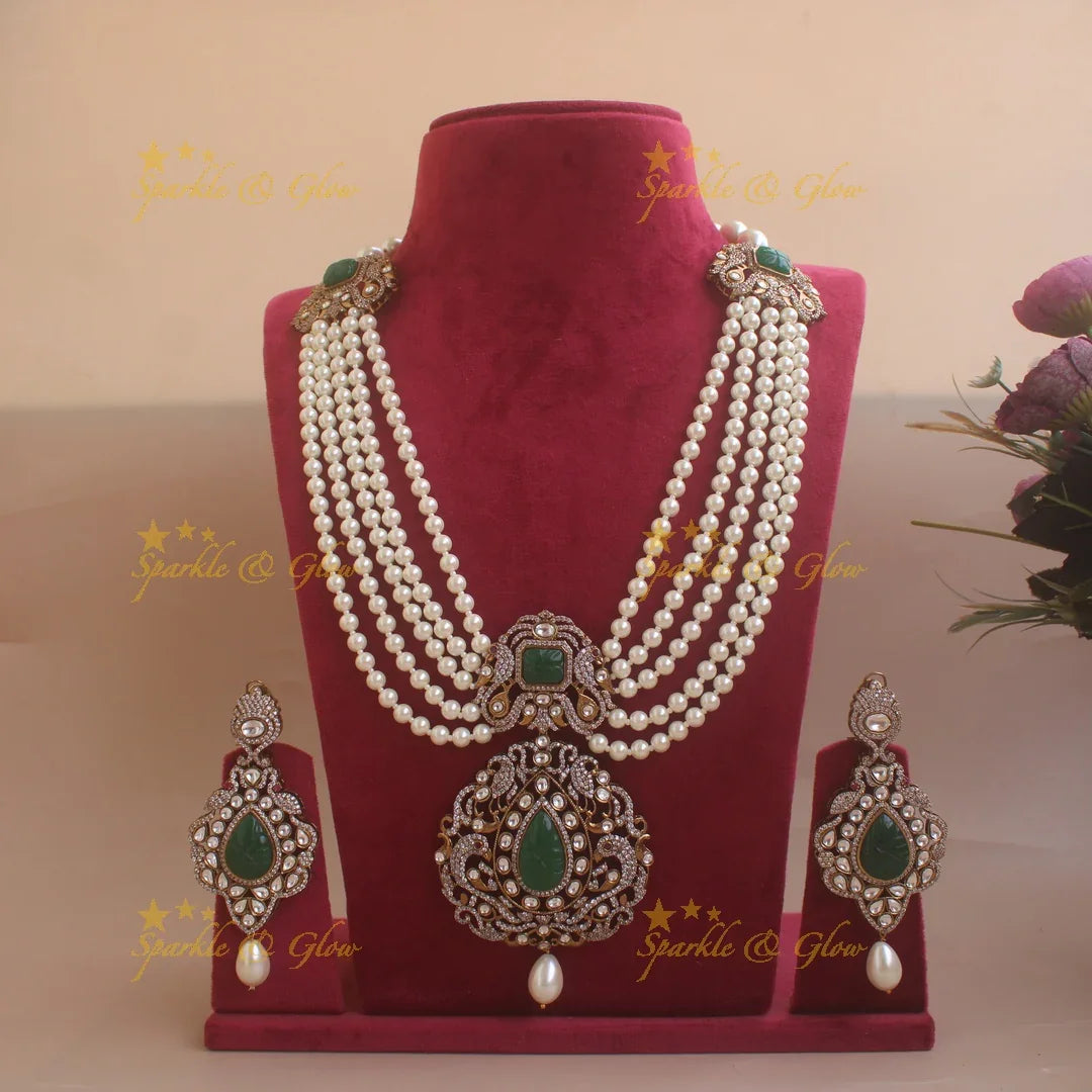 Grand peacock pendant Victorian AD multi layer pearl haram with emerald - Sparkle and Glow