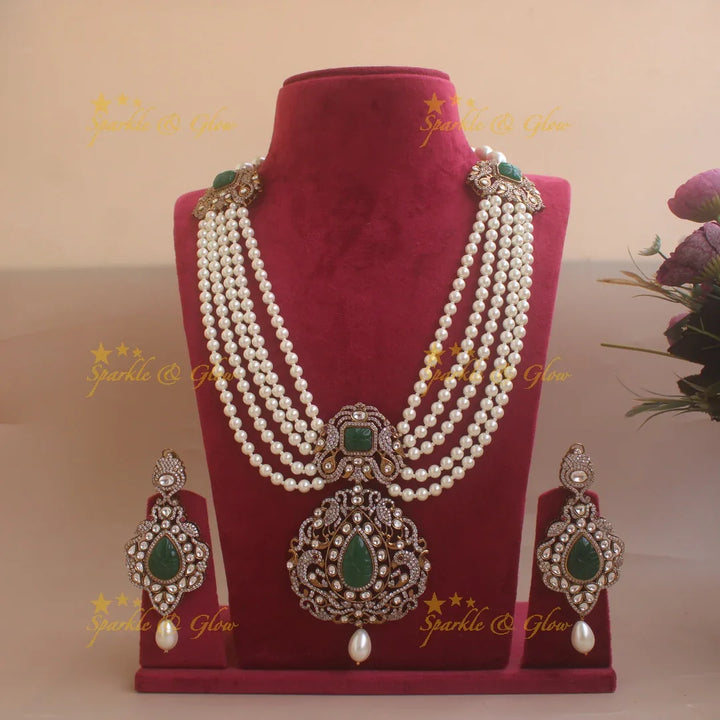 Grand peacock pendant Victorian AD multi layer pearl haram with emerald - Sparkle and Glow