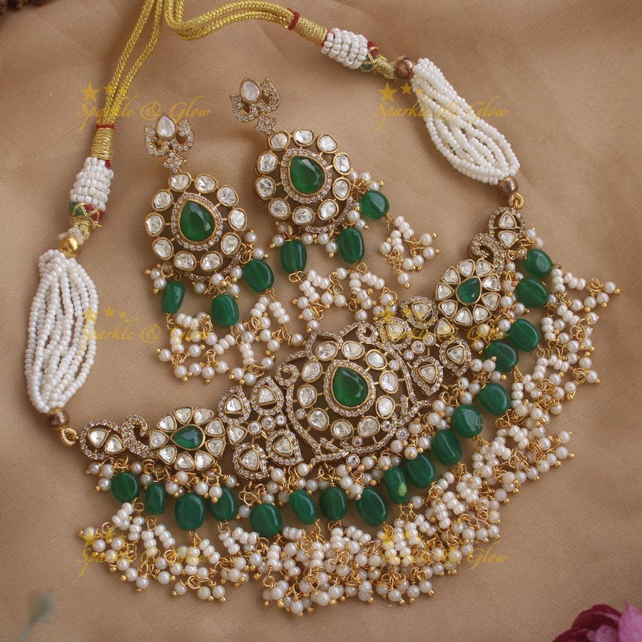 Elegant Floral victorian AD choker with pearls and green beads - Sparkle and Glow