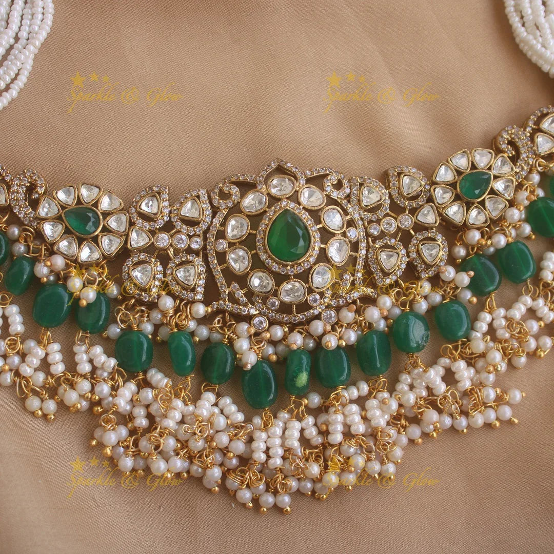 Elegant Floral victorian AD choker with pearls and green beads - Sparkle and Glow