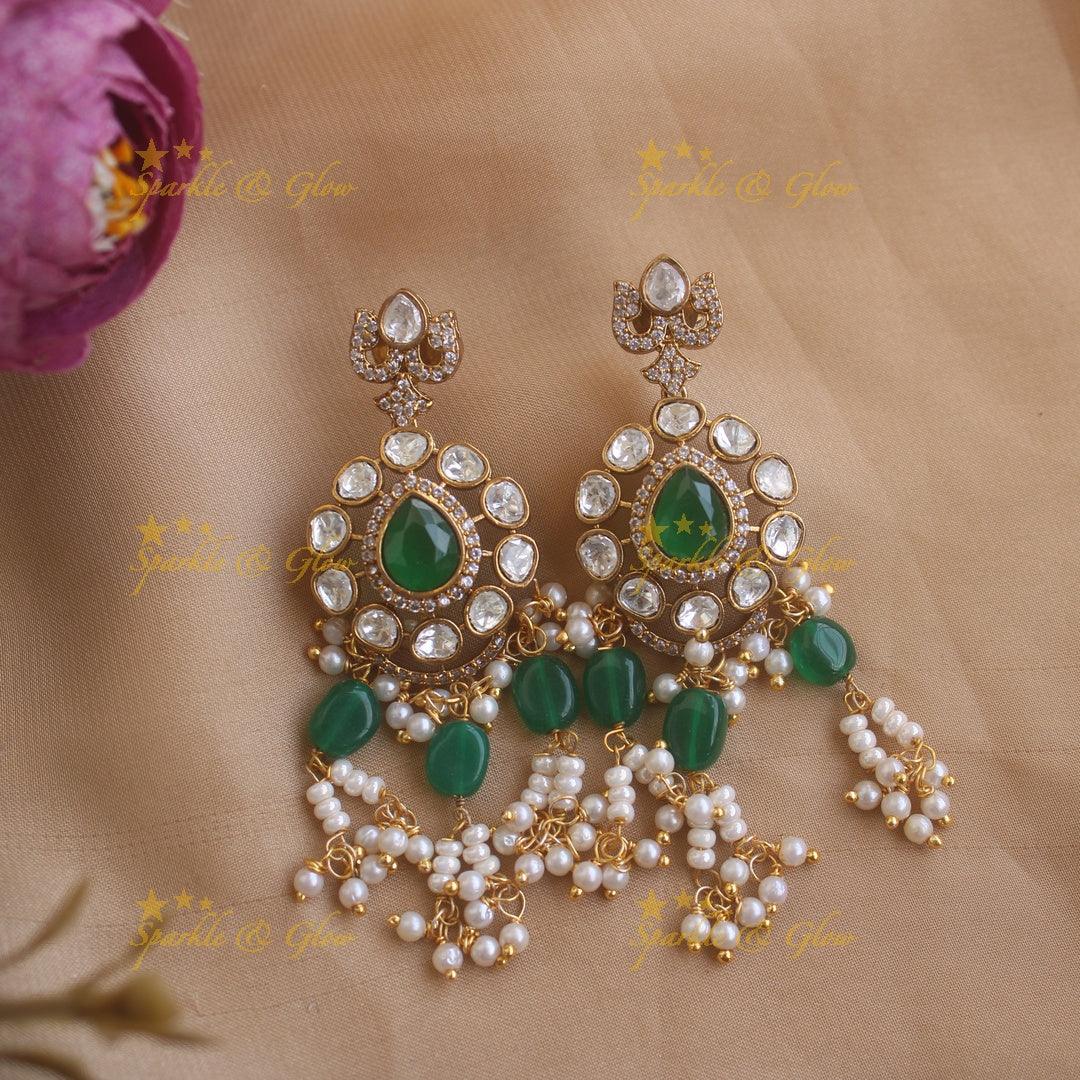 Elegant Floral victorian AD choker with pearls and green beads - Sparkle and Glow