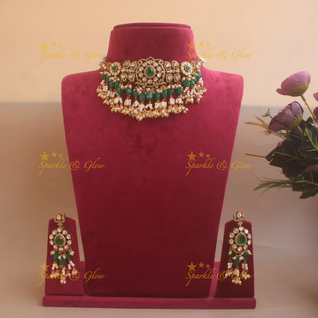 Elegant Floral victorian AD choker with pearls and green beads - Sparkle and Glow