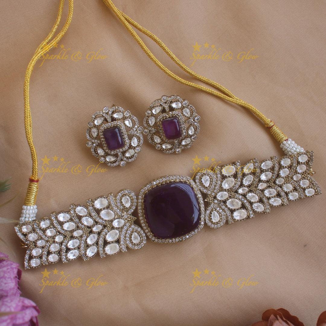 Stunning square purple stone pendant victorian AD choker - Sparkle and Glow