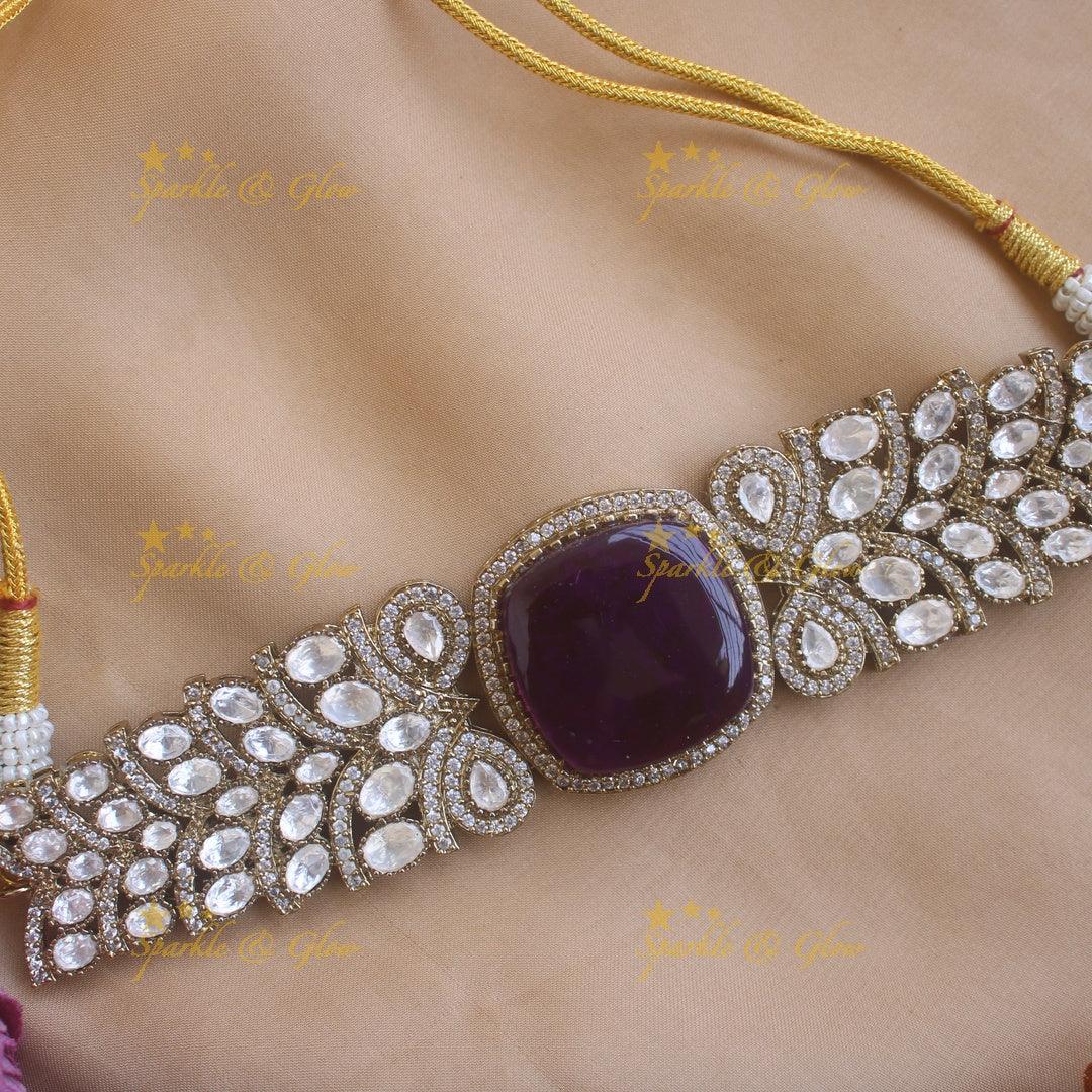 Stunning square purple stone pendant victorian AD choker - Sparkle and Glow