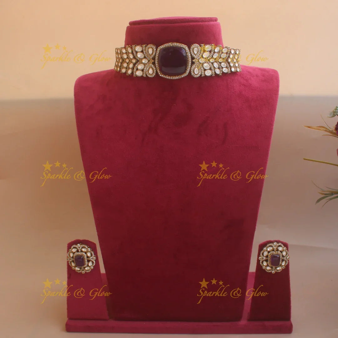 Stunning square purple stone pendant victorian AD choker - Sparkle and Glow